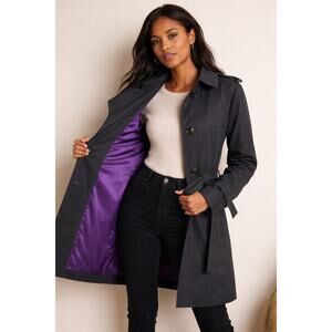 Banana Republic Charcoal Trench Coat Belted Minimalist Chic Purple Lined XL
